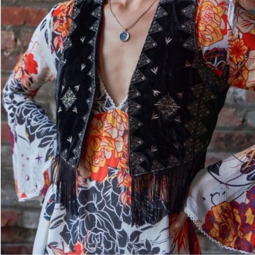 Free People Ella Rocker Embroidered Fringe Velvet Vest in Black